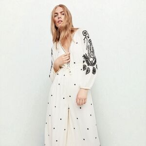 Boho Embroidered Wide-Leg‎ Jumpsuit Cream Floral Balloon Sleeve Sz L